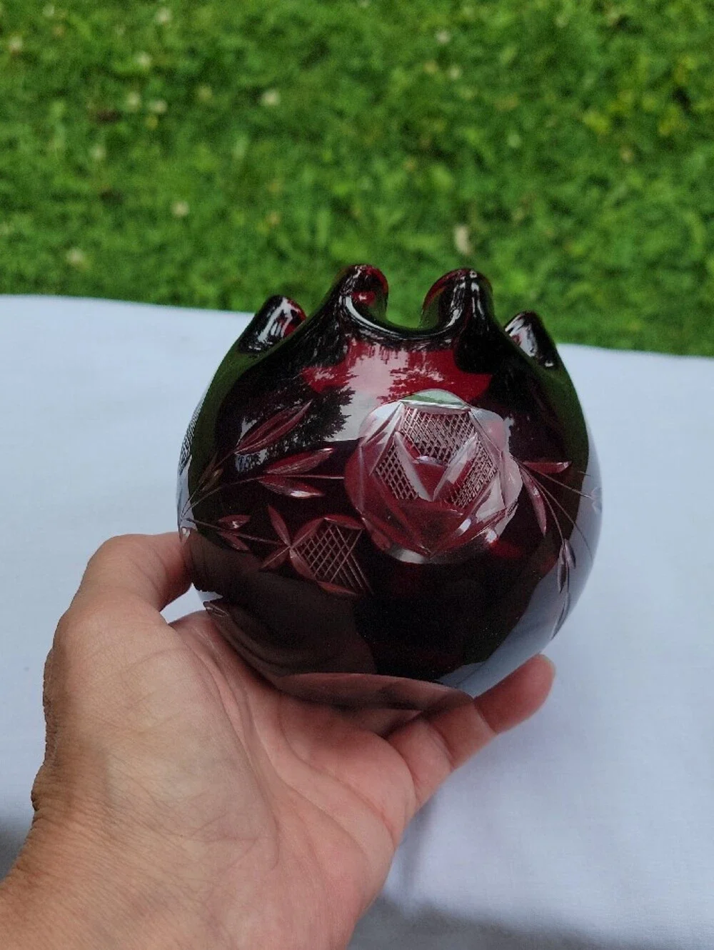 Ruby Red Cut Glass Bowl with Scalloped Rim Bud Vase
